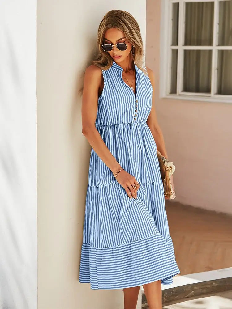 Vintage Boho Summer Striped Shirt Dress