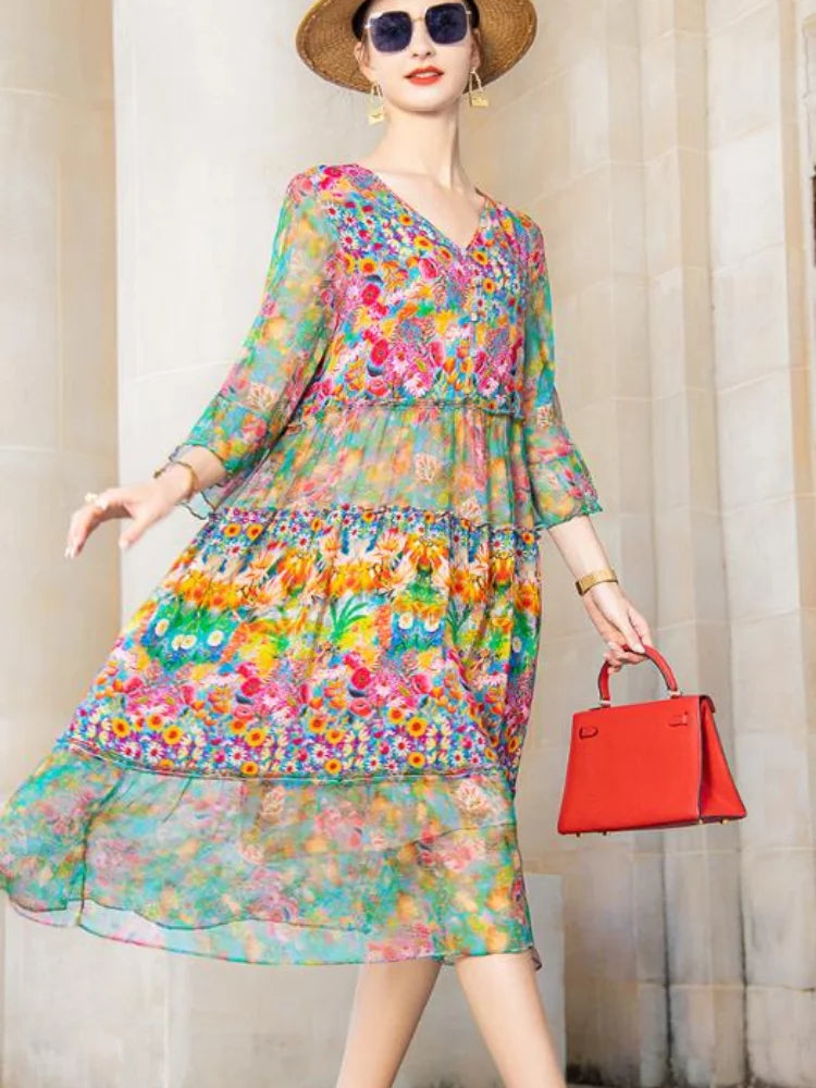 Beach Boho Vintage Print Chiffon V Neck Dress