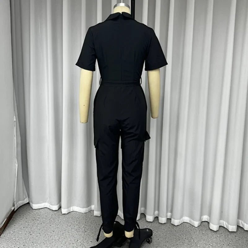 Short Sleeve Lapel With Belt and Pockets Rompers