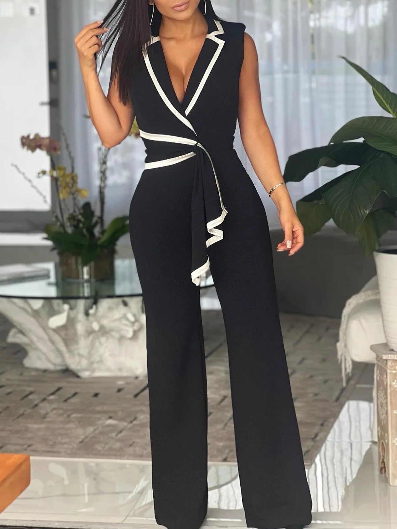 Striped Splicing Notched Collar Wide Leg Jumpsuits