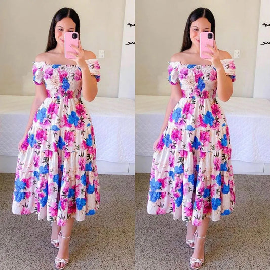 Off Shoulder Flower Print Midi Dress