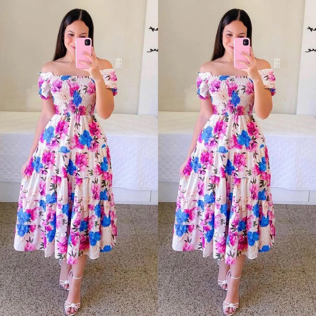 Off Shoulder Flower Print Midi Dress