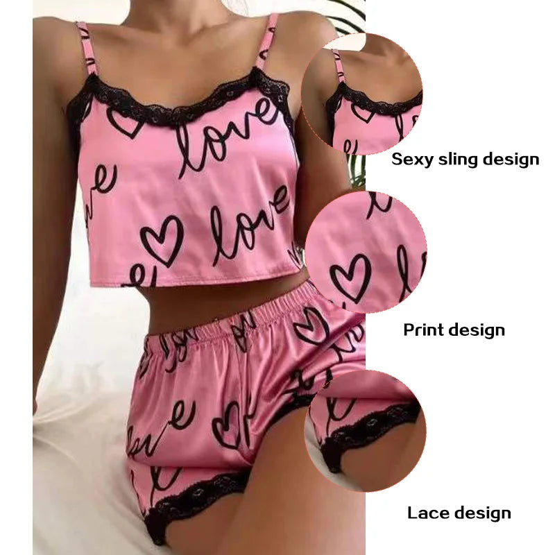 Spaghetti strap Printed Satin Shorts Set