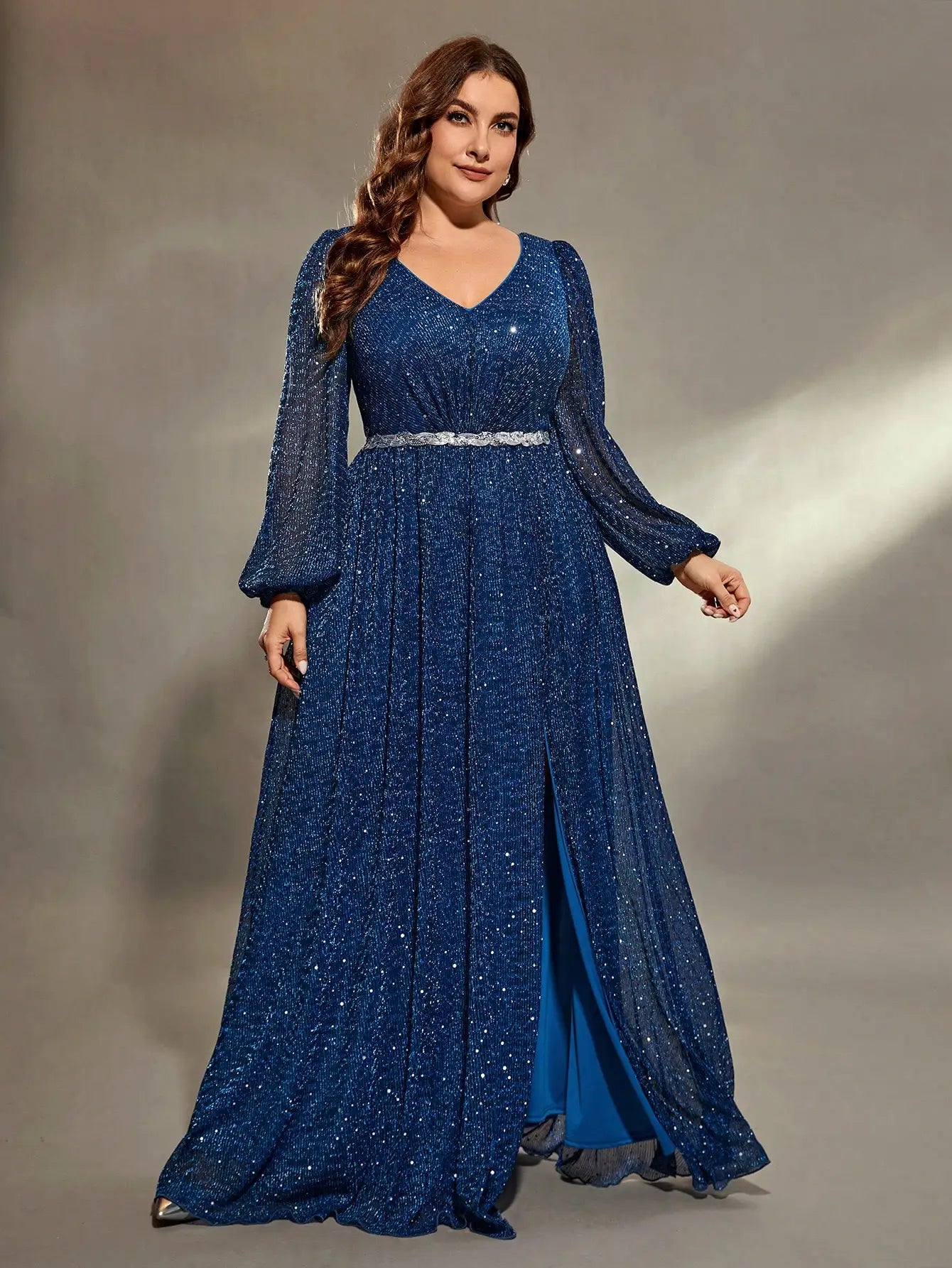 Plus size lantern sleeve sequins webbing net Evening gown