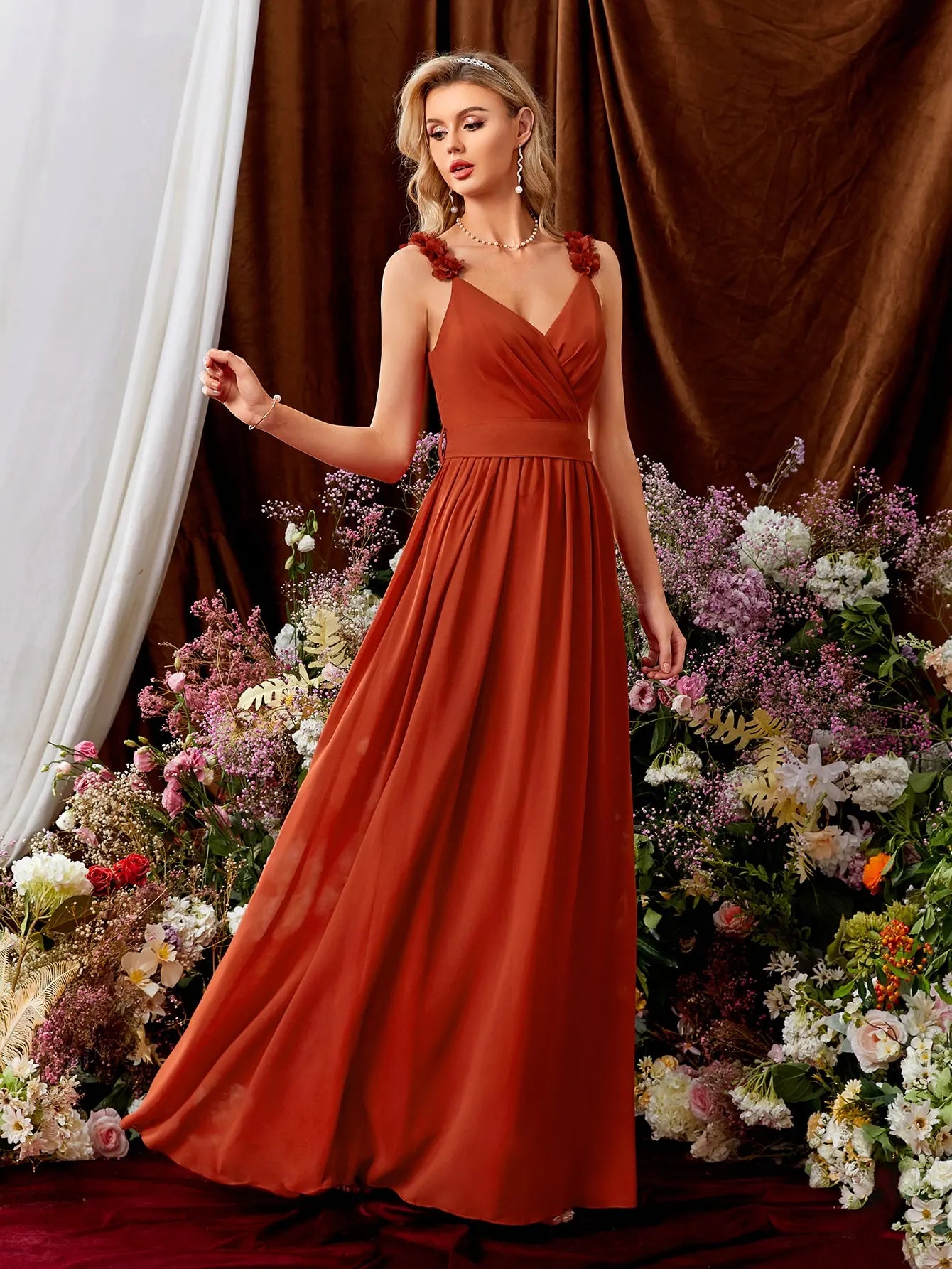 Backless cross pleated flower elegant evening gown
