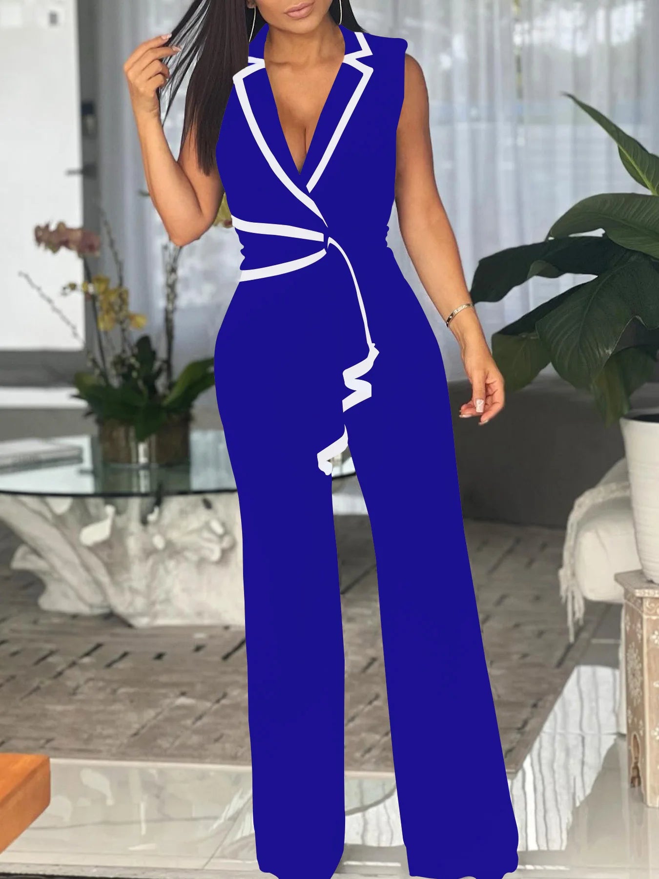 Striped Splicing Notched Collar Wide Leg Jumpsuits