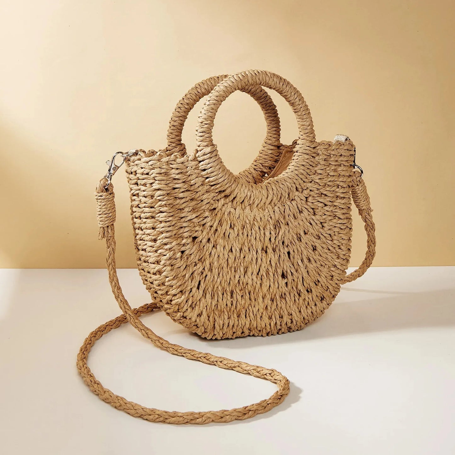 Handwoven Straw Rattan Half-Moon Beach Handbag