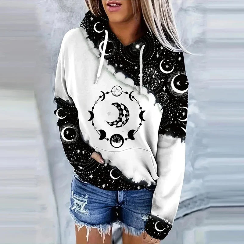 Moon Print Drawstring Hoodie