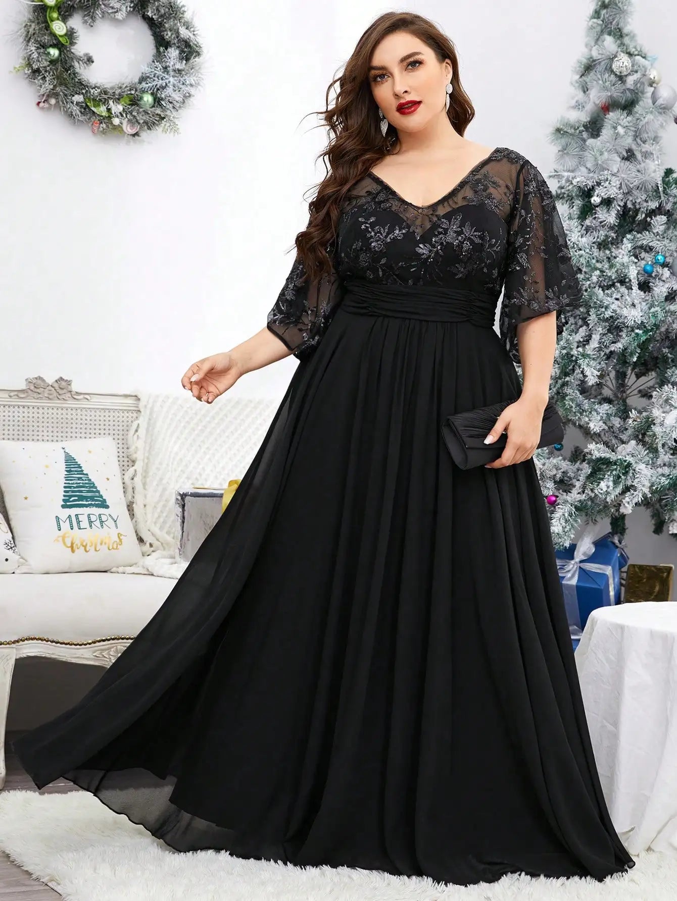 Plus size V-neck sequin embroidered trumpet sleeve Evening gown