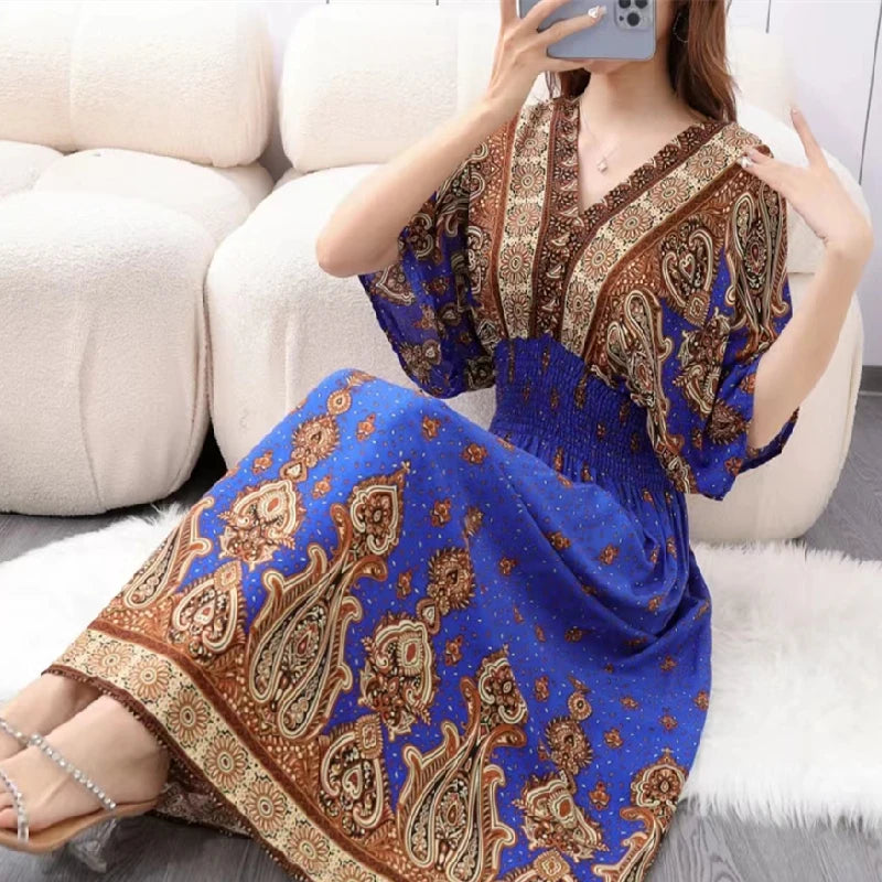 Print Batwing Sleeve Elastic High Waist Dress