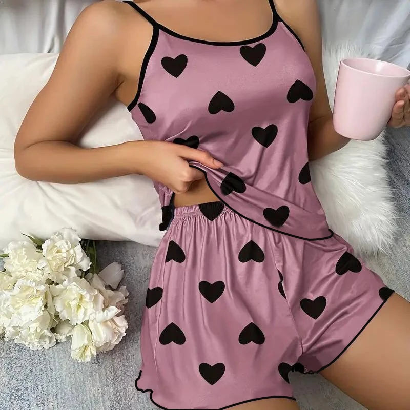 Women's Pajama Set  T-Shirts Shorts Pink Heart-Shaped