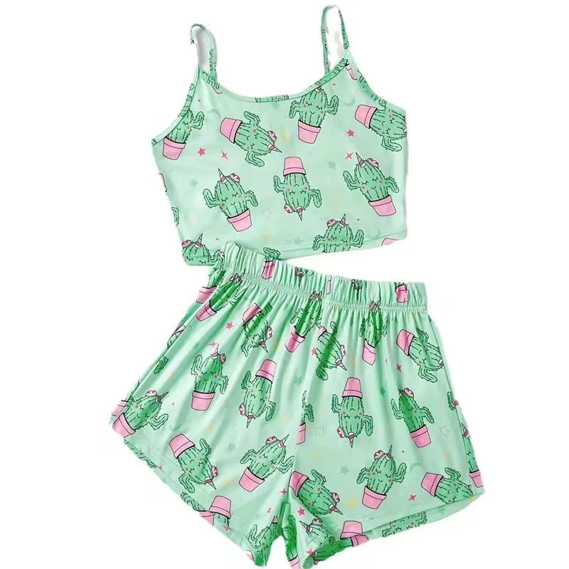 Green Ventilate Tank Tops And Shorts Pajamas Set