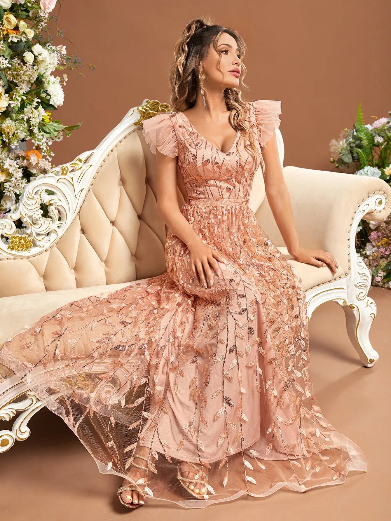 Ruffled sleeves lace mesh gorgeous evening ball dress Party