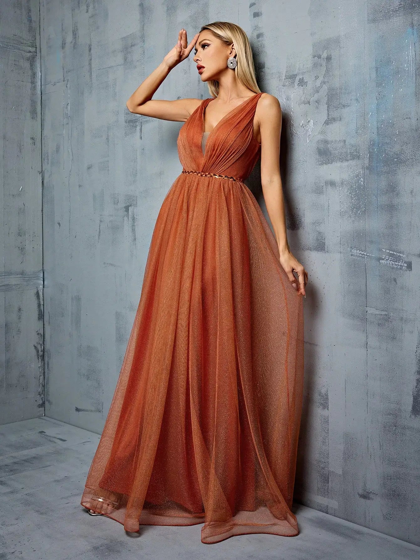 Metal mesh retraction splice sequin webbing long Evening gown