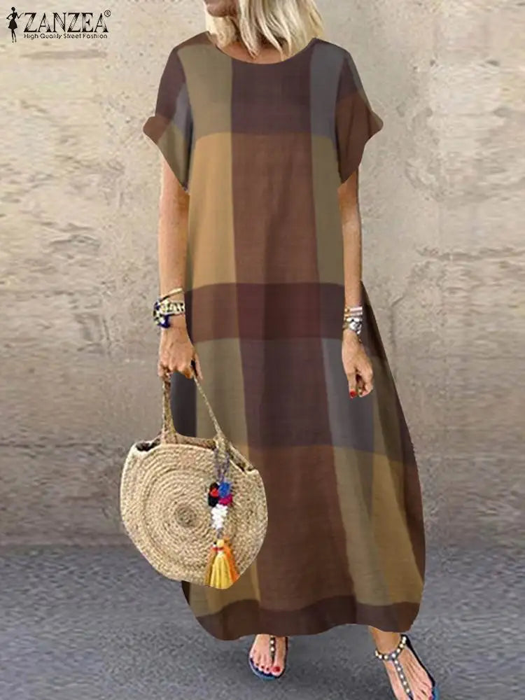 Bohemian Plaid Checked Sundress Summer Short Sleeve Long Dress