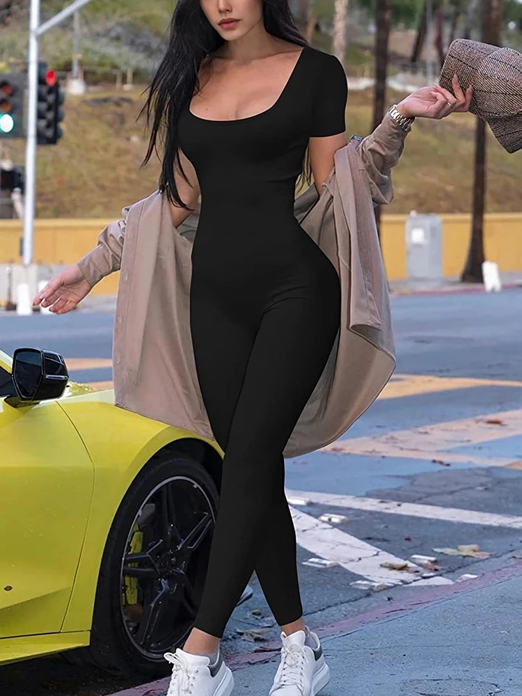 Short Sleeve Solid Skinny Bodycon Jumpsuits