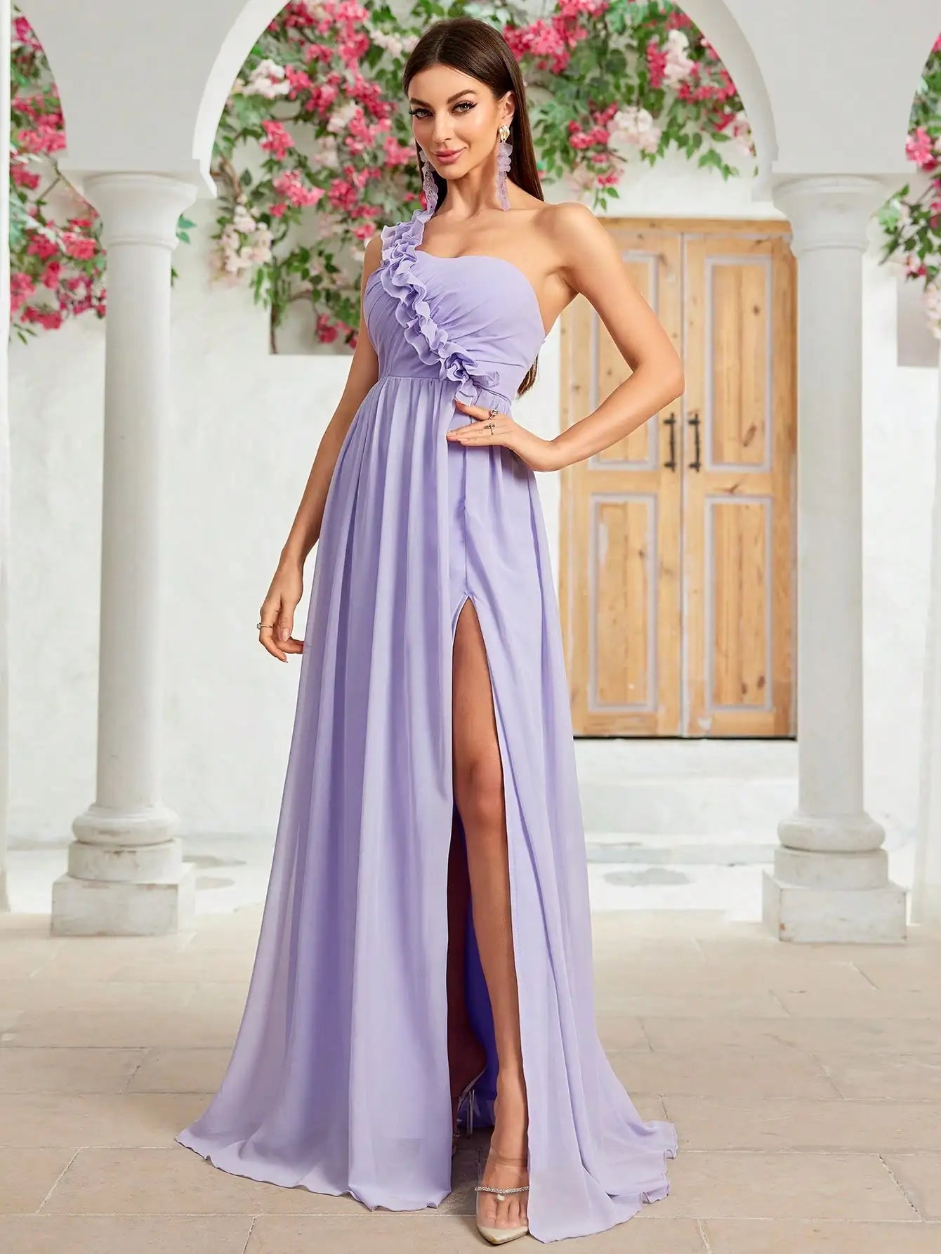 One shoulder floral chest pleated chiffon Evening gown
