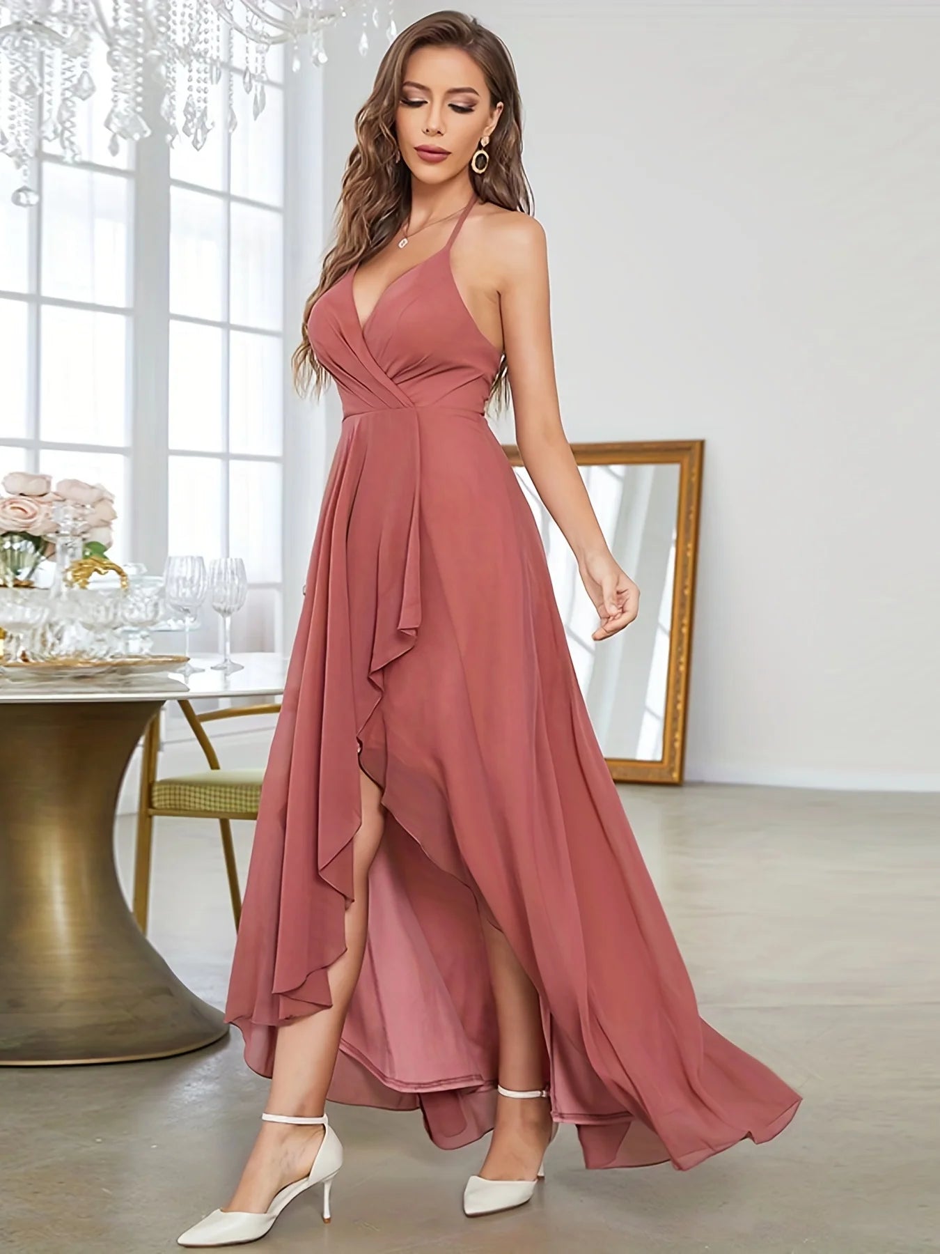 Ruffle Hem V-neck Halter Bridesmaid Dress