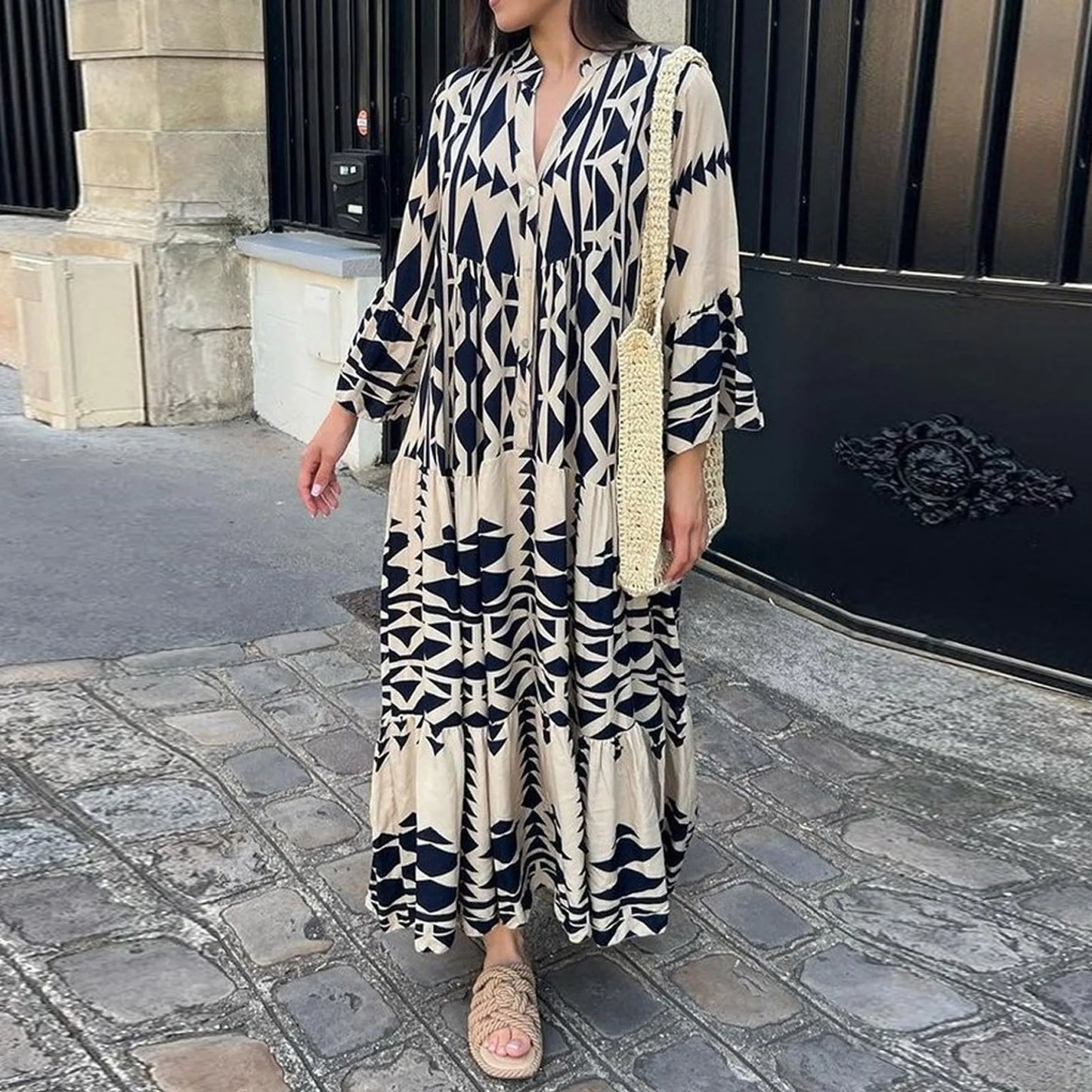 Long Sleeve Pleated Boho Print Shirt Dress