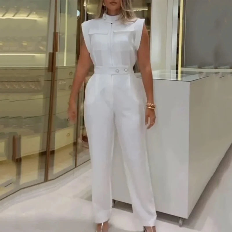 Solid Sleeveless Round Neck Nipped Waist Loose Pants Jumpsuit