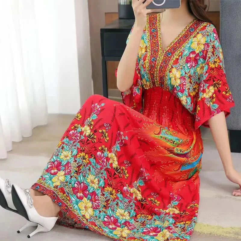 Print Batwing Sleeve Elastic High Waist Dress