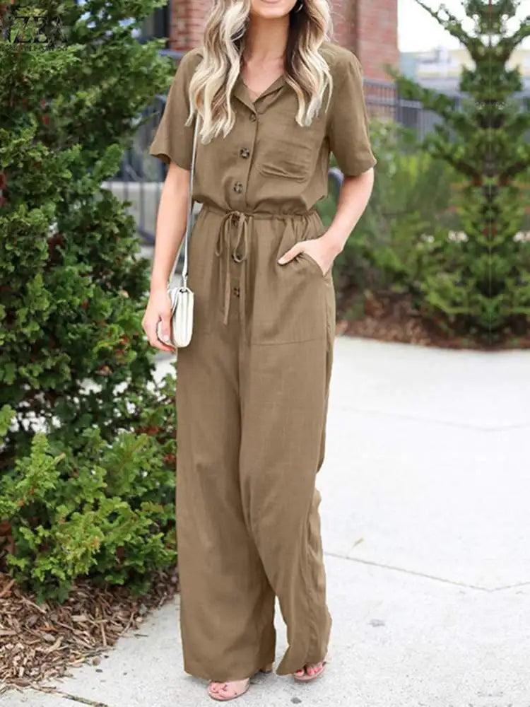 Lapel Neck Short Sleeve Long Jumpsuit