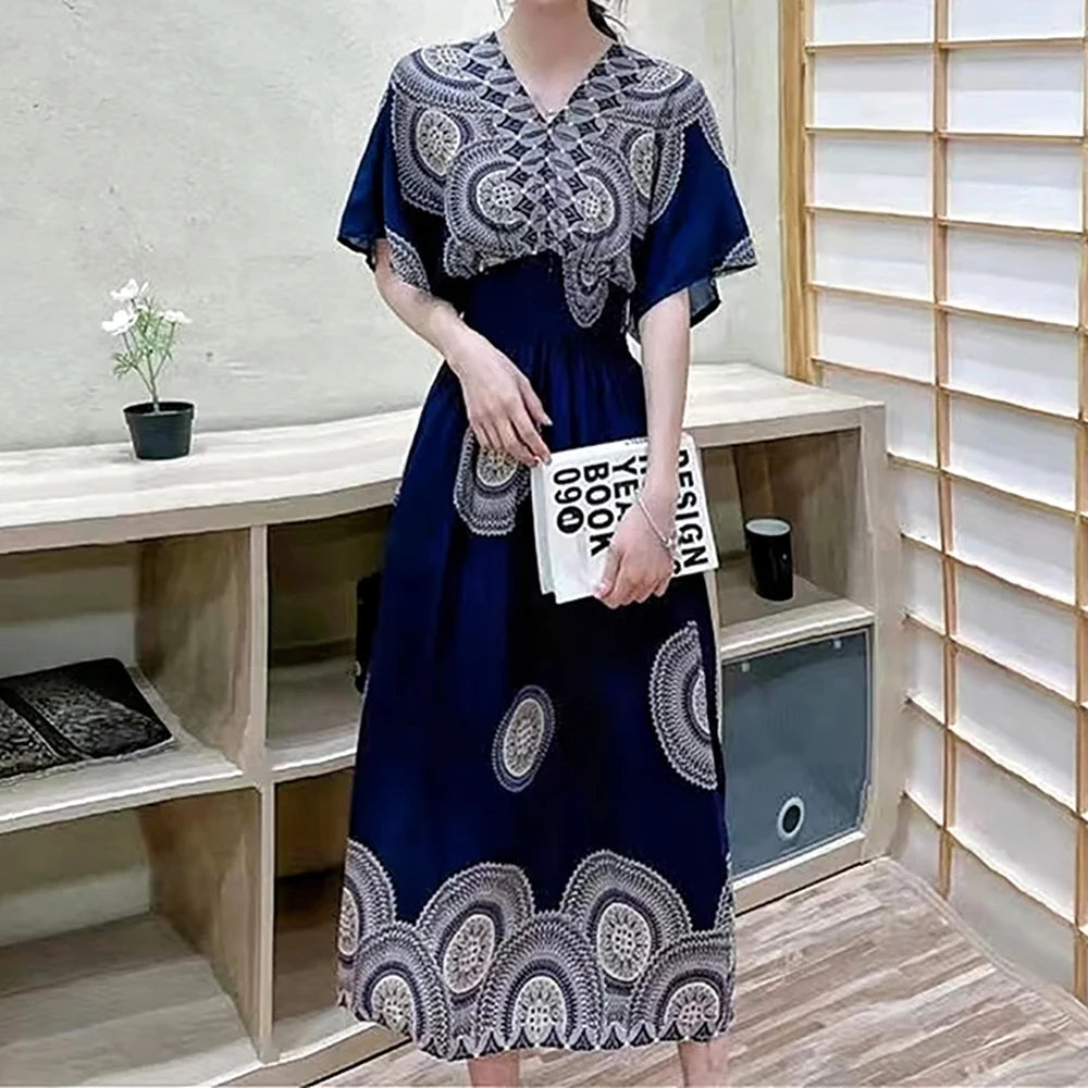 Print Batwing Sleeve Elastic High Waist Dress