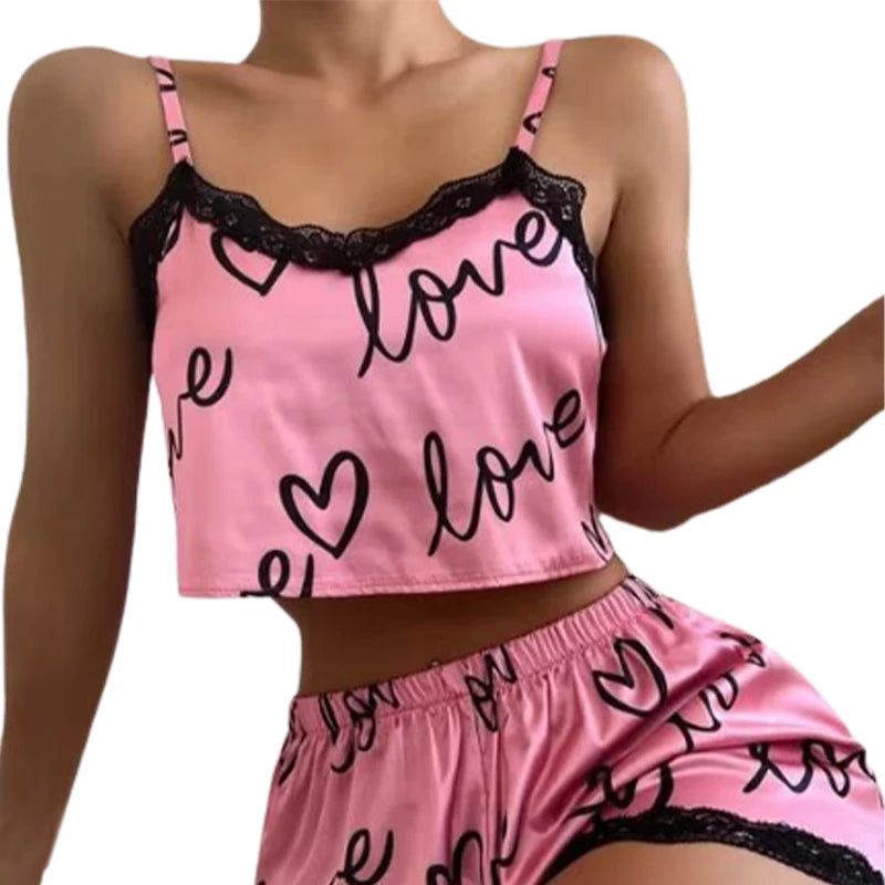 Spaghetti strap Printed Satin Shorts Set