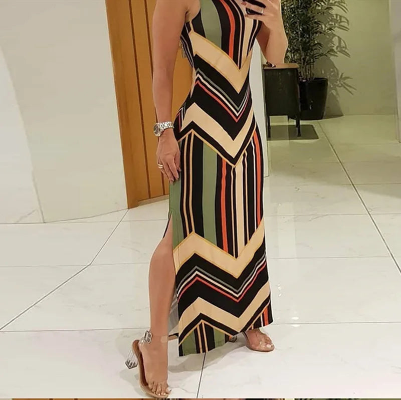 Colorful Striped Side Slit Maxi Dress