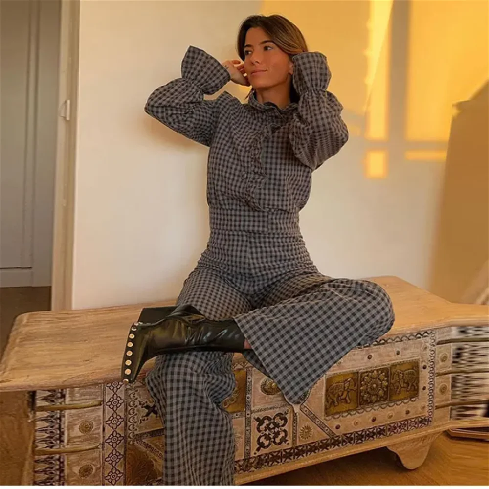 Casual versatile bubble sleeve plaid long jumpsuit