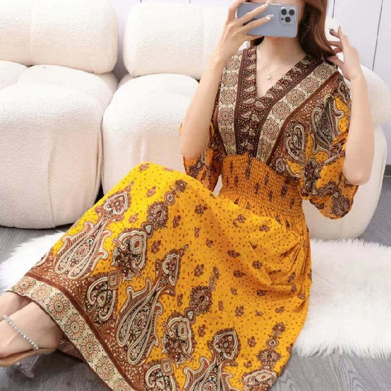 Print Batwing Sleeve Elastic High Waist Dress