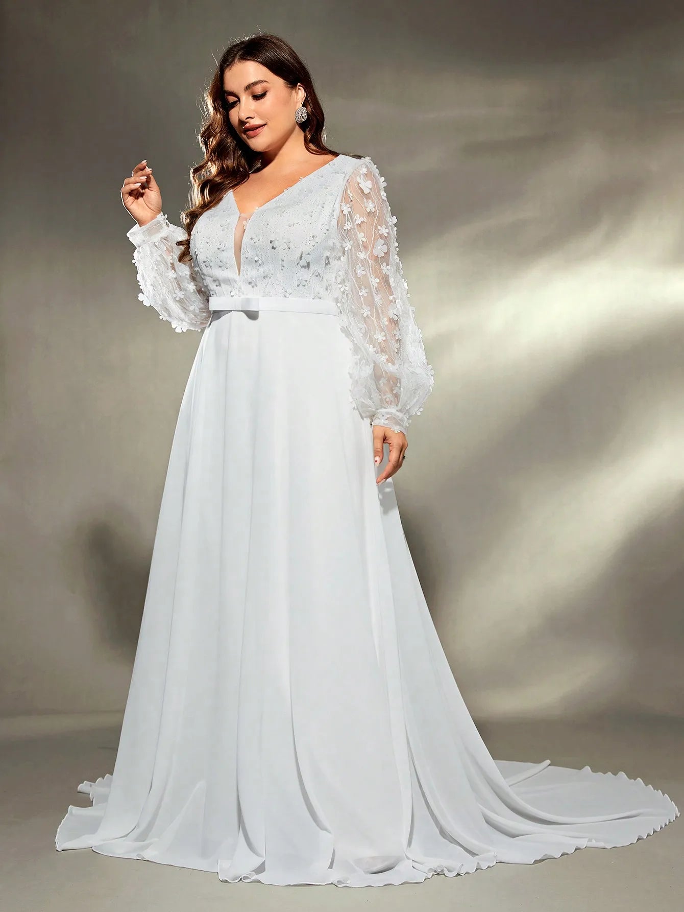 Plus size V-neck embroidery chiffon Evening gown