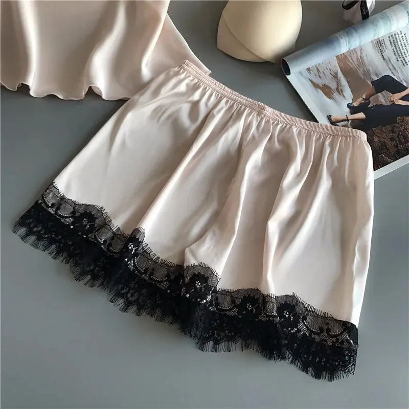 V-Neck Stretch Satin Baby doll Lace Shorts Set