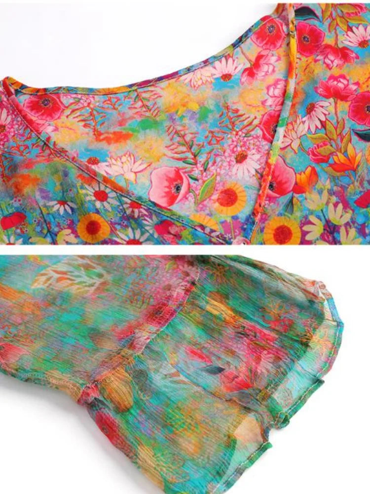 Beach Boho Vintage Print Chiffon V Neck Dress