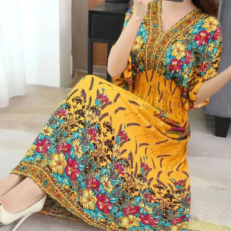 Print Batwing Sleeve Elastic High Waist Dress