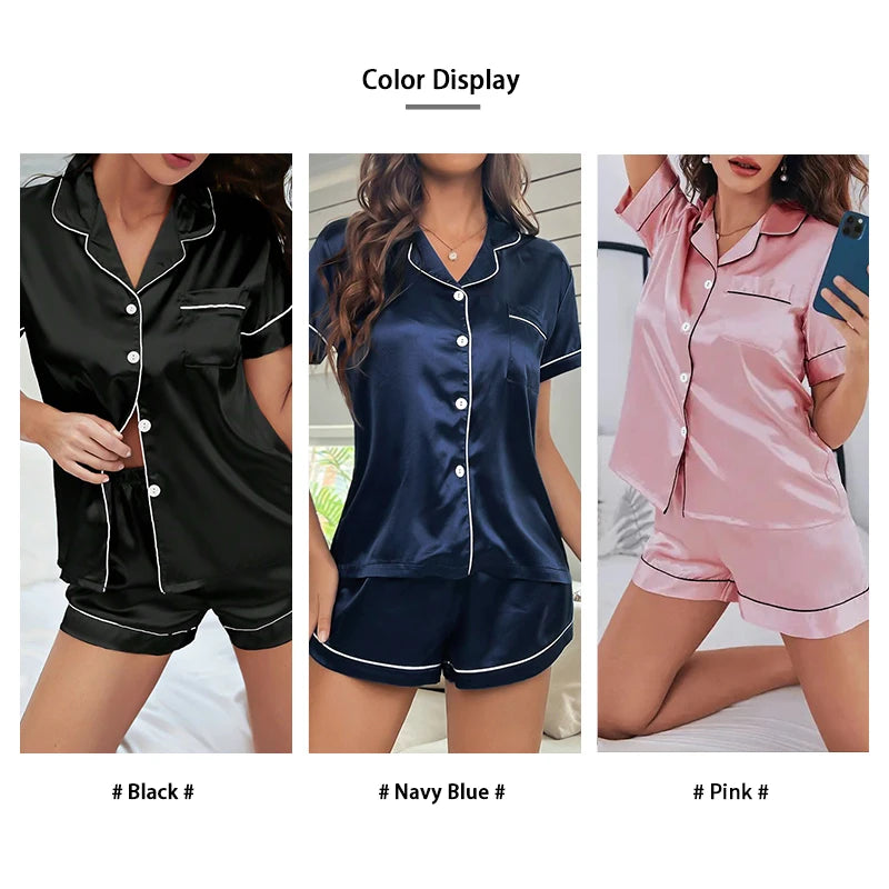 Silk Satin Button Down Top & Shorts Pajamas Set