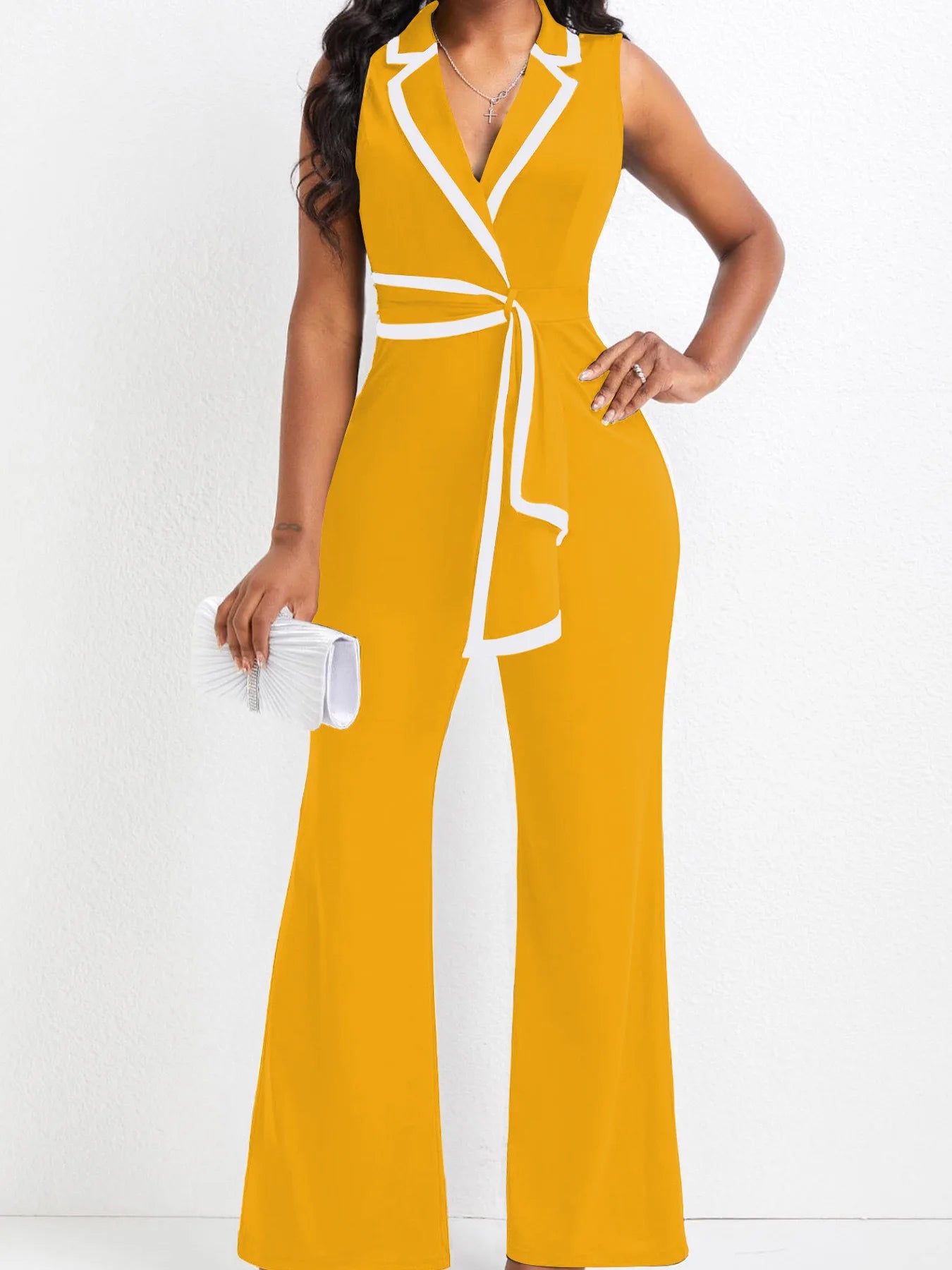 Striped Splicing Notched Collar Wide Leg Jumpsuits