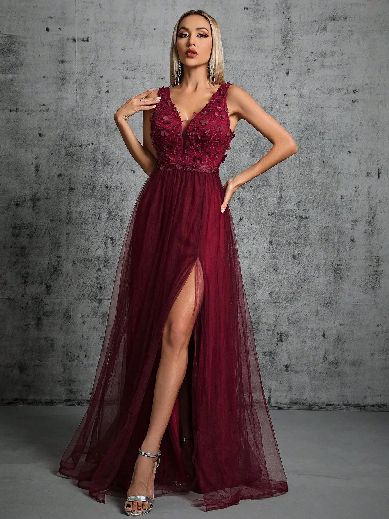 3d sequin embroidered mesh evening gown