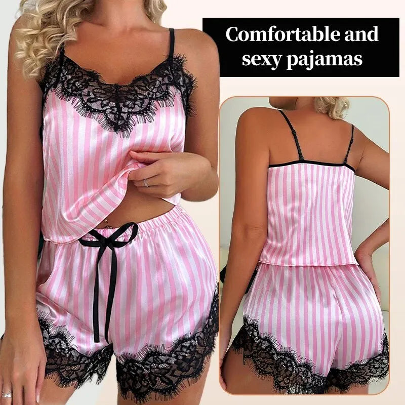 Two Piece Women's V-Neck Sexy Lace Suspender Pajama Shorts Set