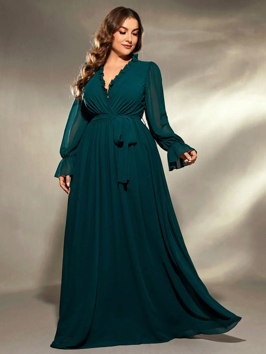 Plus size V-neck chiffon long sleeve dress
