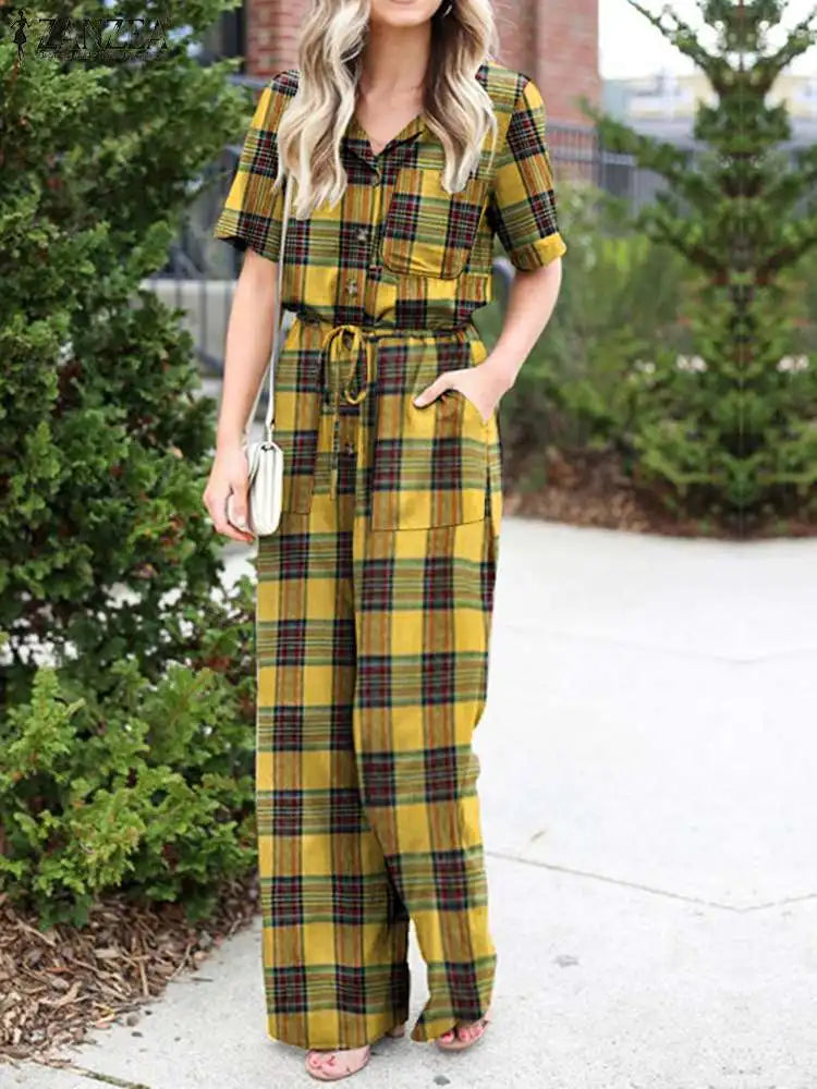 Lapel Neck Short Sleeve Long Jumpsuit
