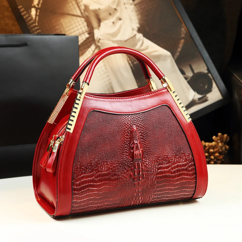 Genuine leather crocodile pattern multi-layer large bag