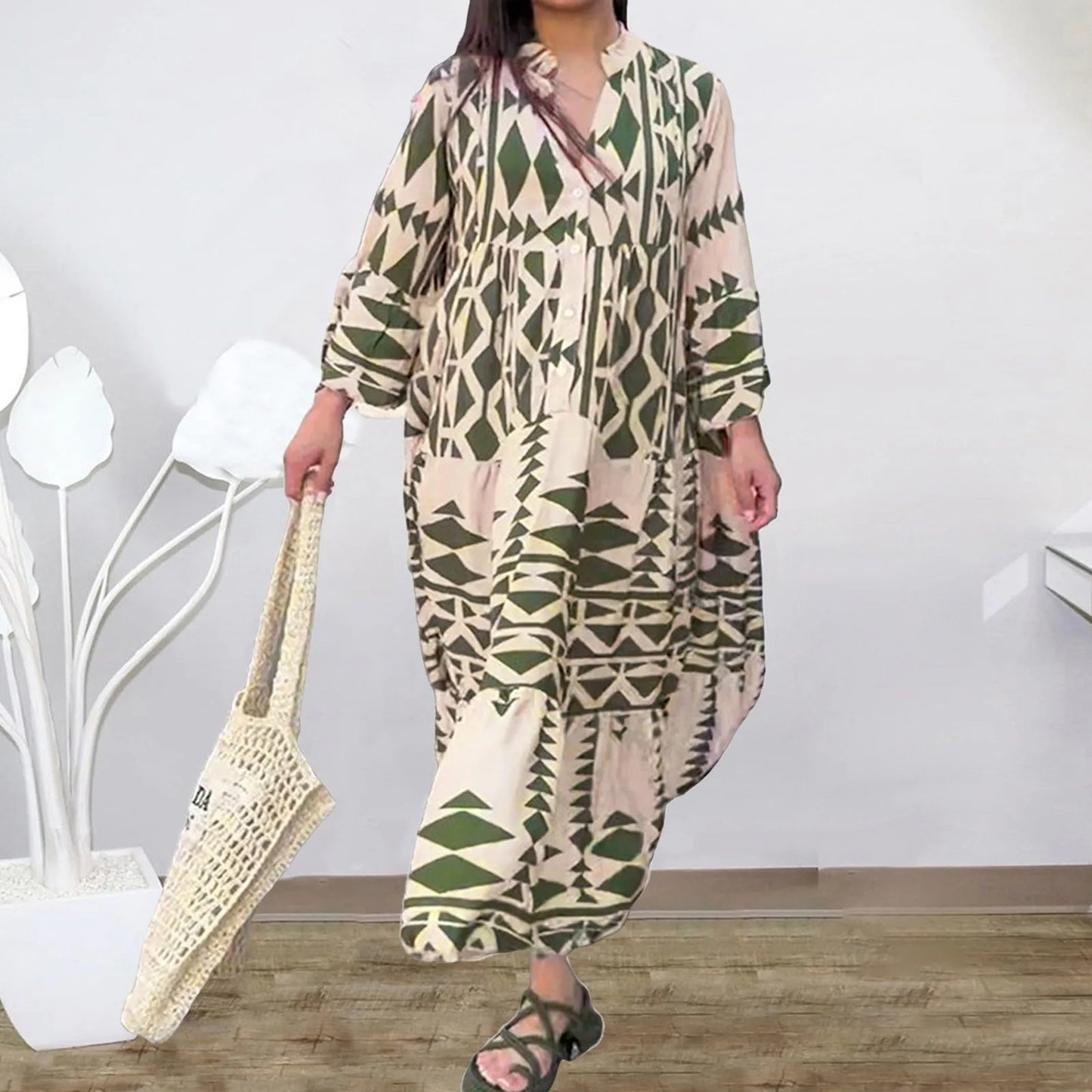 Long Sleeve Pleated Boho Print Shirt Dress