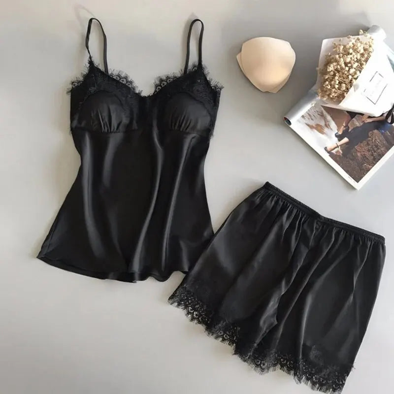 V-Neck Stretch Satin Baby doll Lace Shorts Set