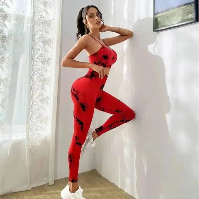 Tie-dye Seamless Yoga Wear High-waist-hip Lift Yoga Pants Fitness Wear Sports Underwear Set Yoga Set No Cup Suit Set