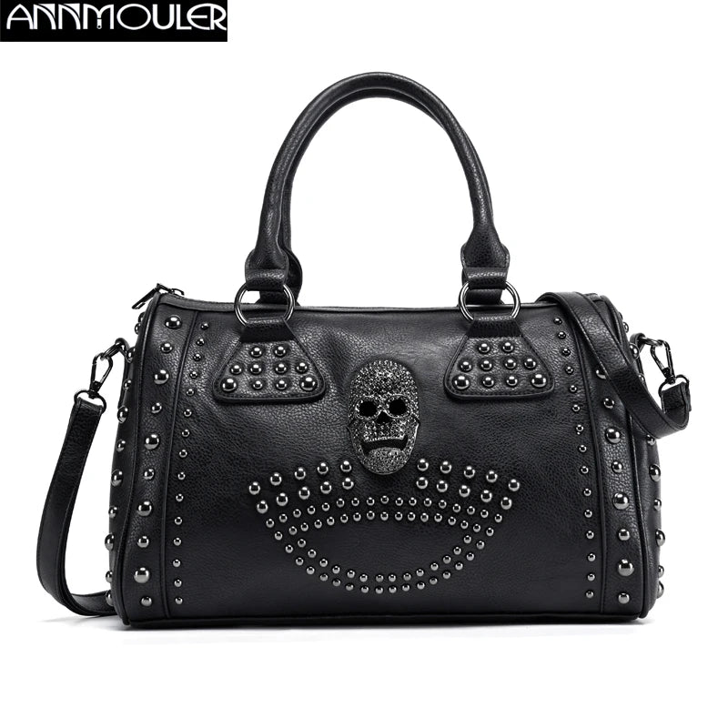 Luxury Pu Leather Boston Black Skull Handbag