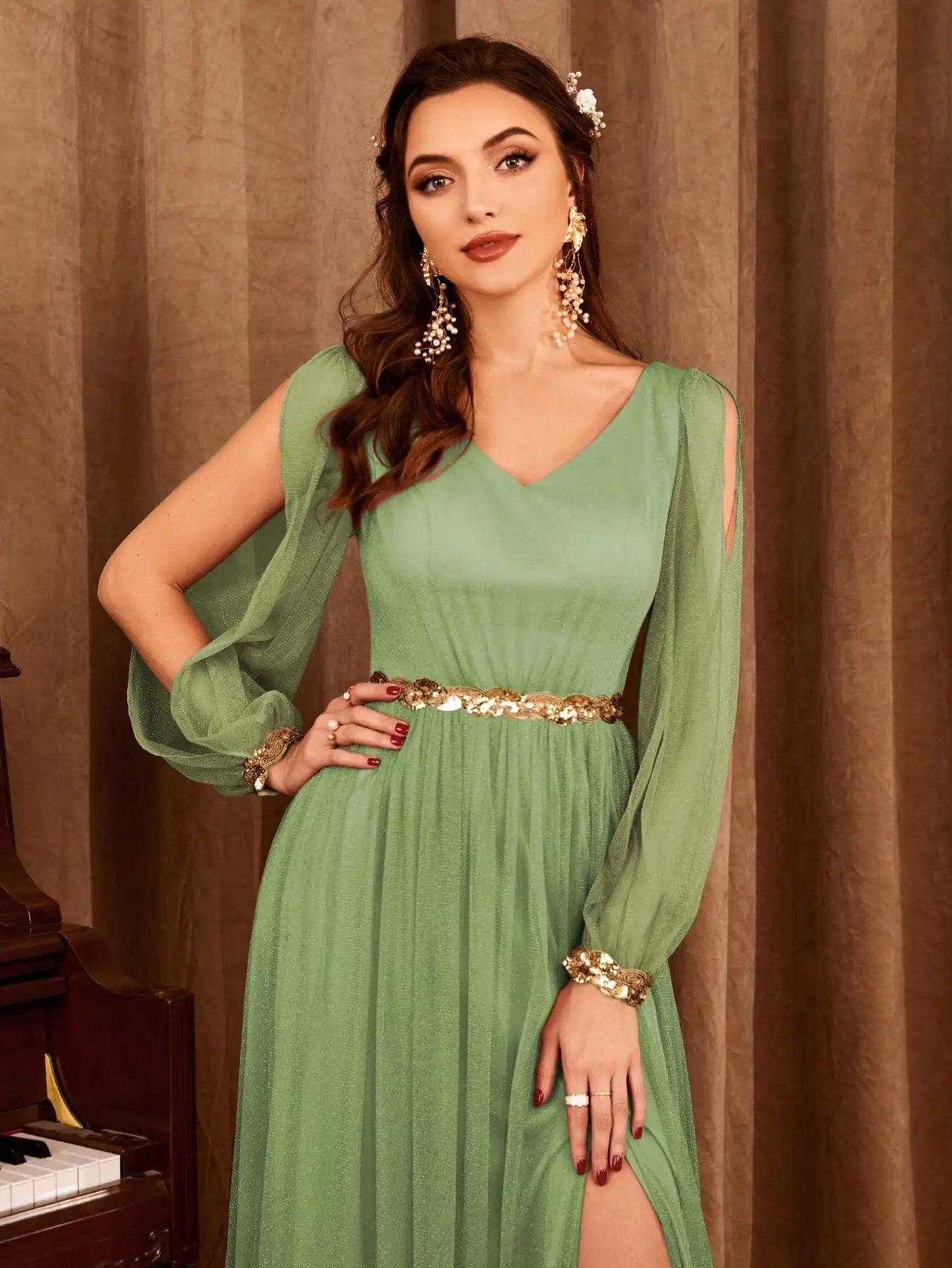 V-neck gauze applique slit elegant Evening gown