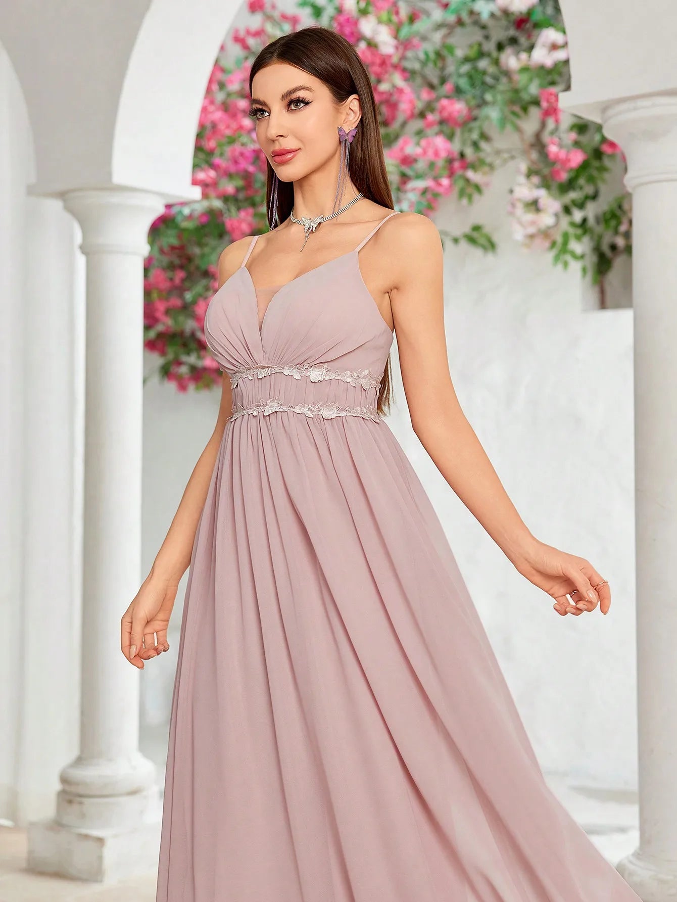 Hem lace chiffon evening gown