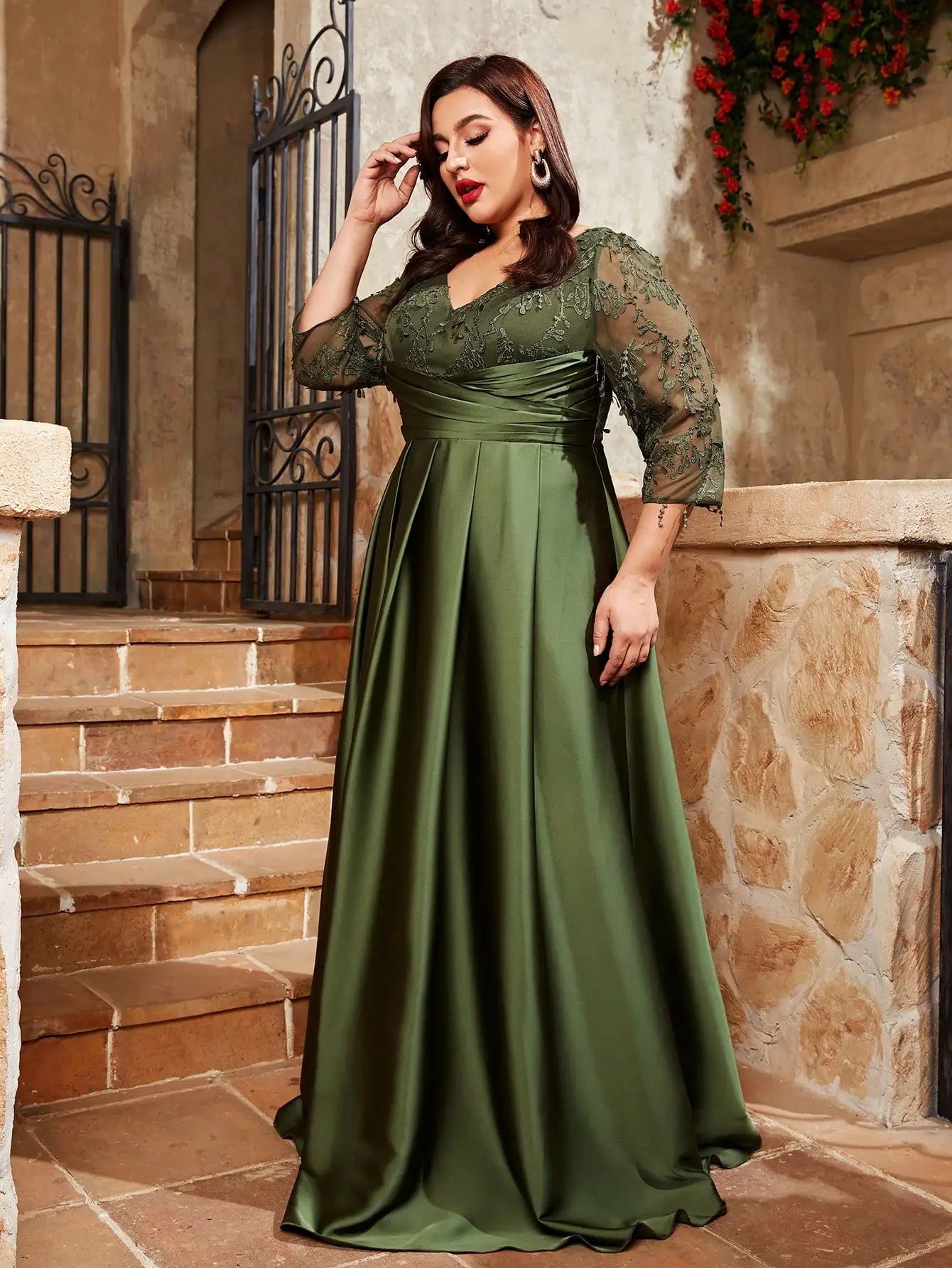Plus size lace embroidery Mosaic satin Evening gown