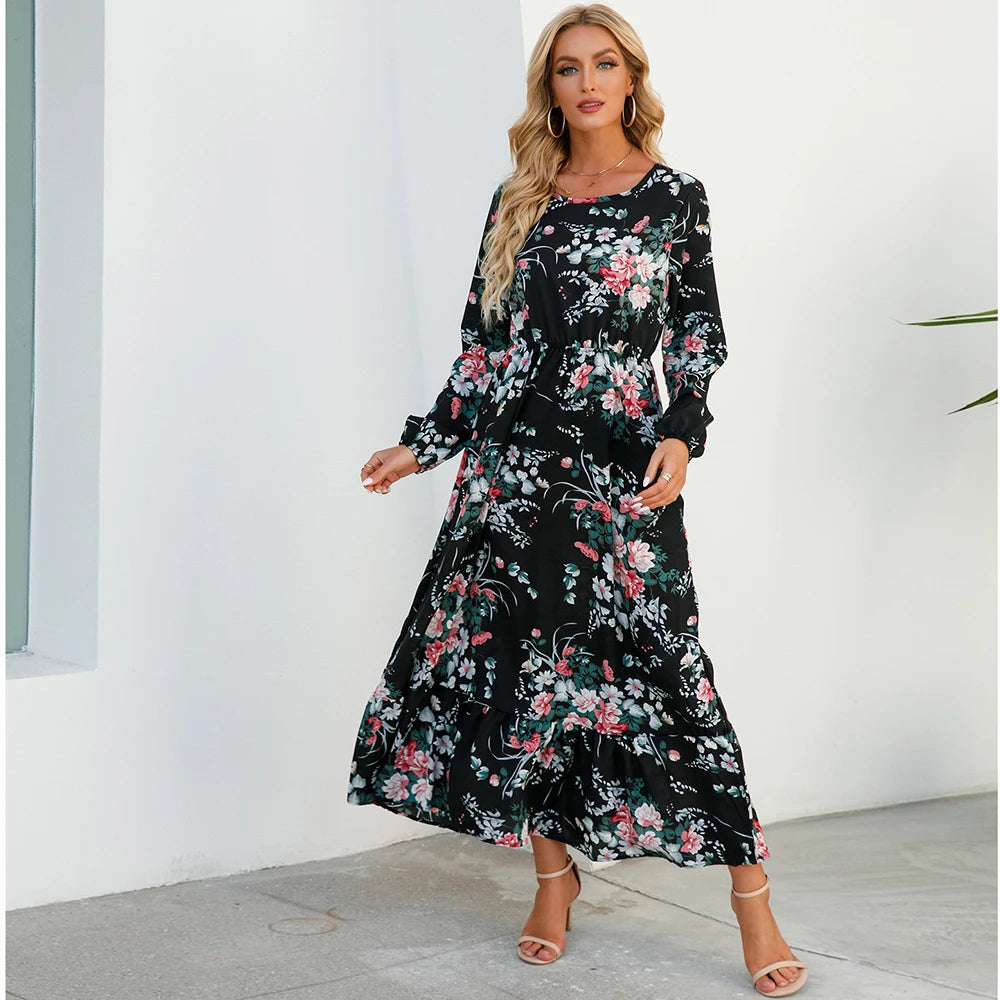 Bohemian Women Maxi Long Sleeve High Waist Beach Dress